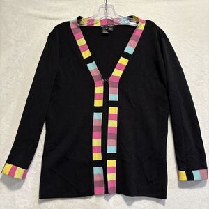 Attitude Knit Single Hook Closure Cardigan Large Black Color block Trim Stretch